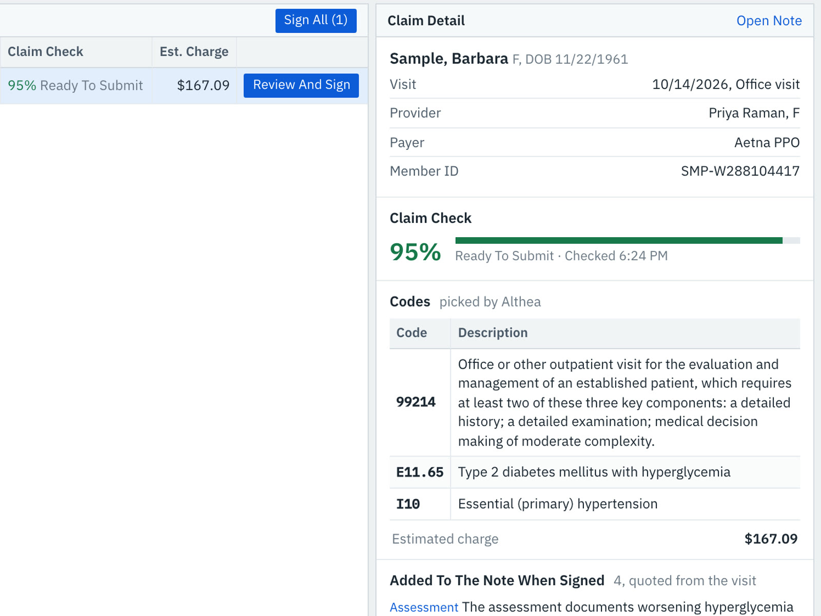 A claim waiting for sign-off with its claim check and codes