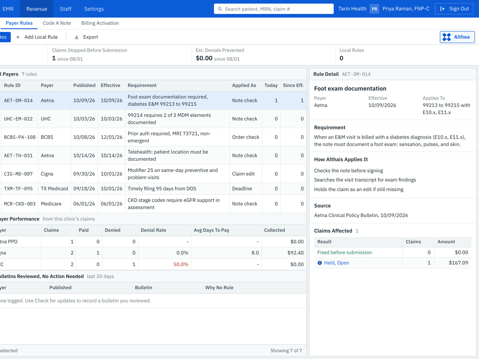 The Althais payer rules screen with rules by payer and the claims each one affects