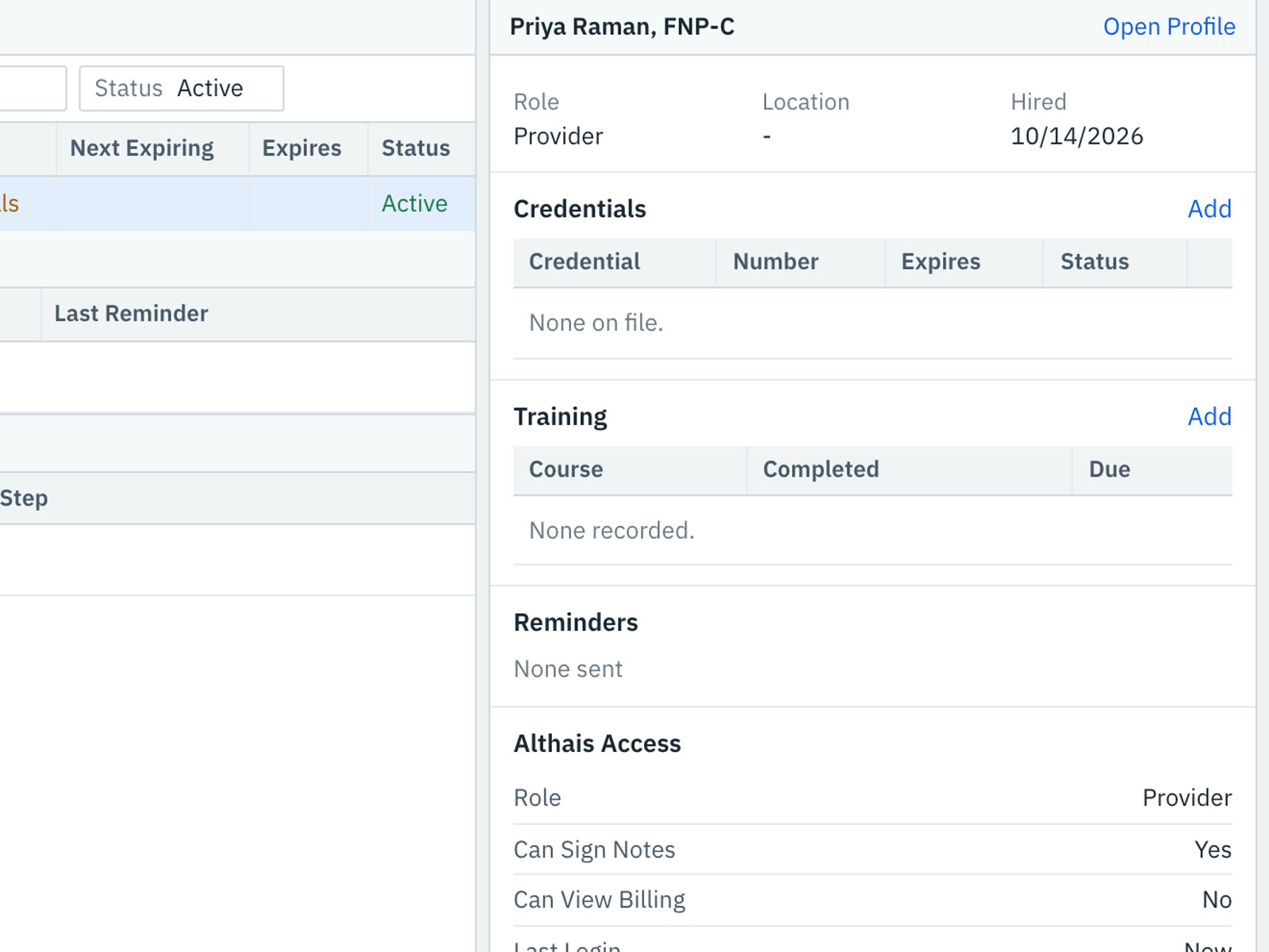 A staff profile with role, credentials, training and Althais access
