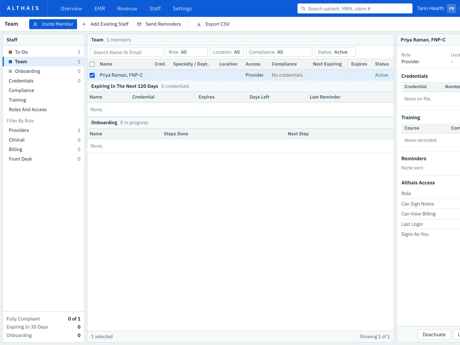 The Althais team screen with staff, credentials and onboarding