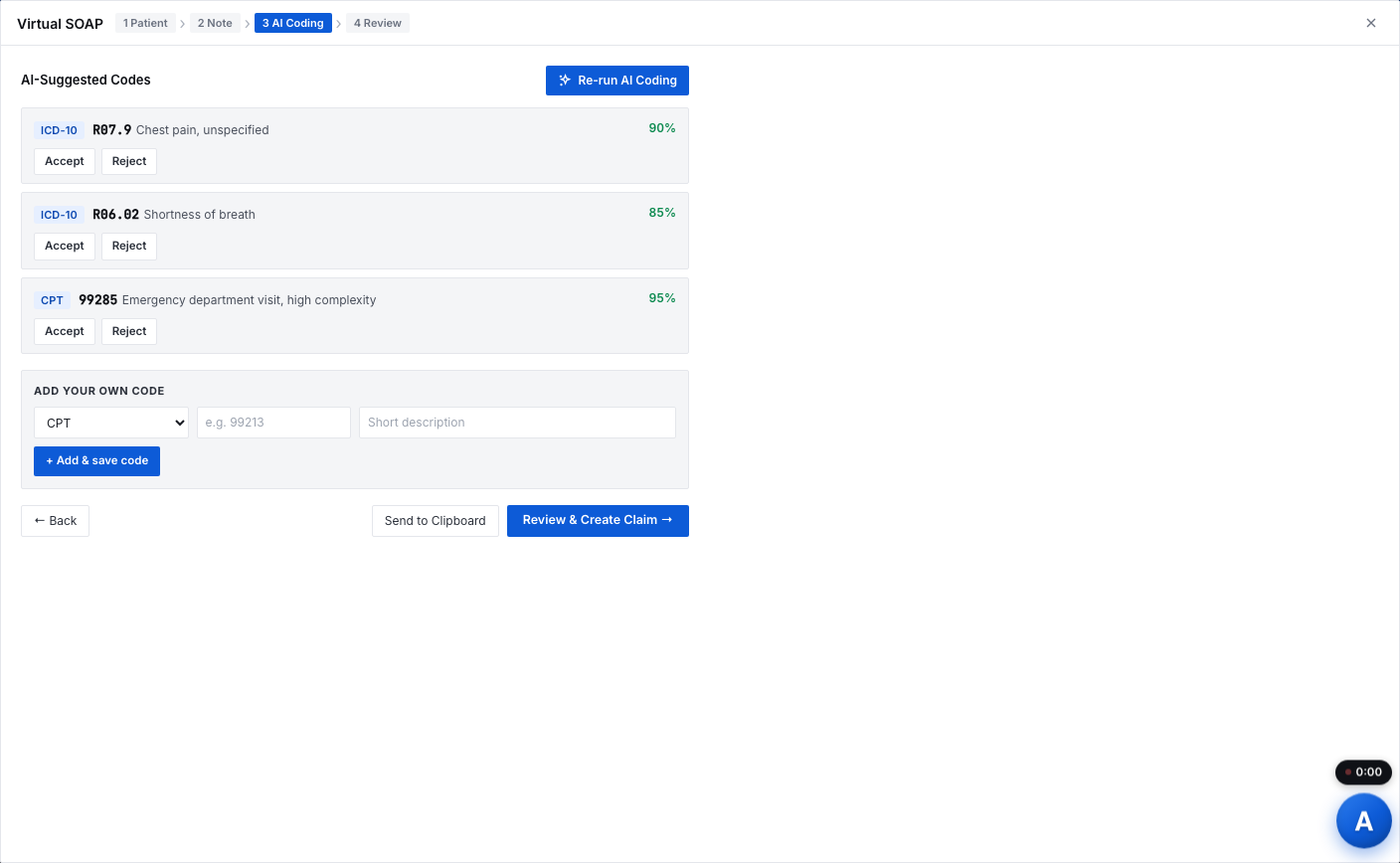 AI-suggested codes with confidence scores