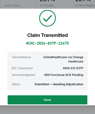 Claim transmission confirmation with the EDI transaction details and status